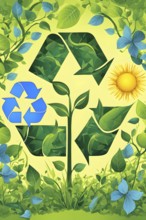 Recycling symbol morphing into growing plants and solar cells to symbolize the transformation of