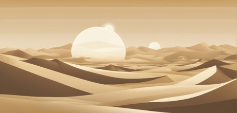 Abstract desert scene with triangular sand dunes and a single circular sun, using sharp lines and