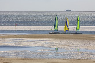 Small sailing boats on the beach, catamaran, behind Hallig, backlight, sunny, summer, North Sea