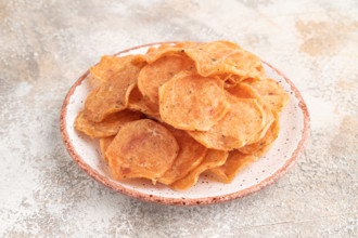 Slices of dehydrated salted meat chips with herbs and spices on gray concrete background. Side