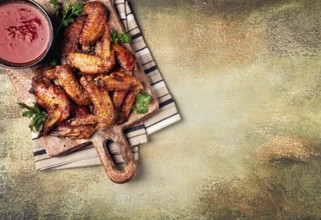 Fried in the oven, chicken wings, with spices, tomato sauce, on a cutting board, gray background,