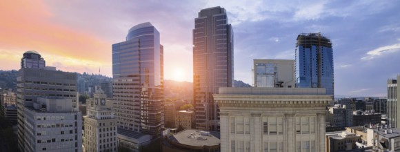 USA, panoramic view of Portland city downtown and financial center, North America