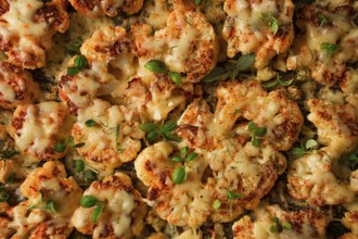 Cauliflower steak with cheese and spices, homemade, close-up, top view, selective focus, no people