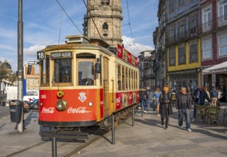 The iconic red tram number 18 pauses in front of the Clérigos Church Tower, Porto, Portugal, Europe