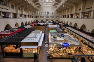 Interior view of market hall, food market, logo, lettering, Stuttgart, Baden-Württemberg, Germany,