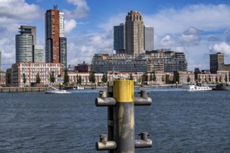 Harbour basin of the Maashaven, inland waterway port, jetties, residential buildings in the Kop van