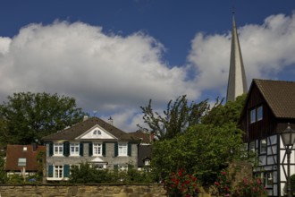 The old town centre with the Bährens House and the church tower of Sankt Viktor, Schwerte, Unna