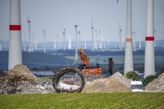 Wind farm north of Marsberg, old wind turbine is demolished, creates space for new, more powerful