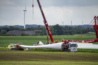 Transport of a 70 metre long rotor blade, construction of a wind power plant in a wind farm near