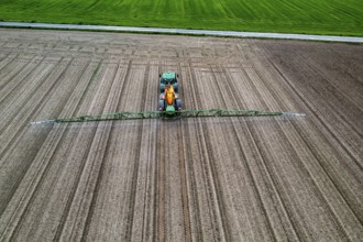 Farmer working a field, crop protection agent being sprayed, field with young sugar beet plants,