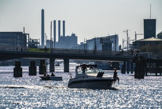 View over the harbour, the pedestrian and cycle bridge Inderhavnsbroen, skyline at Sydhavnen in the