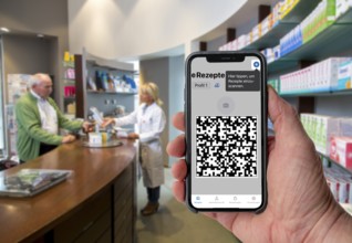 Symbolic image of an e-prescription, prescription issued by a doctor, with QR code, is scanned