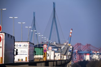 Traffic on the Köhlbrand Bridge in the port of Hamburg, spans the 325 m wide Köhlbrand, an arm of