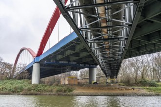 Dilapidated A42 motorway bridge (red arches) over the Rhine-Herne Canal, with massive structural