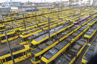 Warning strikes in local public transport, Ruhrbahn trams at the depot, VERDI union members on