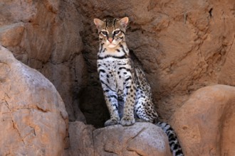 Ocelot (Leopardus pardalis), adult, sitting, at the den, alert, Sonora Desert, Arizona, North