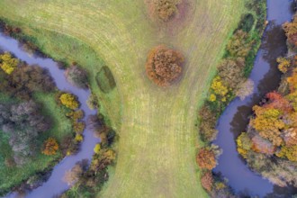 Aerial view of the Hunte in autumn, Meander, Hunte loop, Hunte, river, tree, forest, autumn