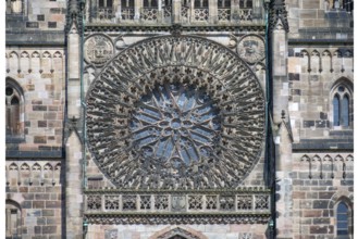 Gothic rose window on the main portal of St SLorenz, Nuremberg, Middle Franconia, Bavaria, Germany,