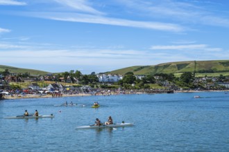 People in kayaks on Swanage Bay, Swanage, Dorset, England, United Kingdom, Europe