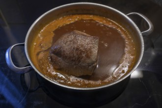 Braised beef in a pan, Bavaria, Germany, Europe