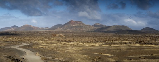 Sunrise, view towards Timanfaya National Park, Lanzarote, Canary Islands, Spain, Europe