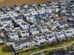 Residential area with contemporary apartment blocks, solar collectors, Baden-Württemberg, Germany,