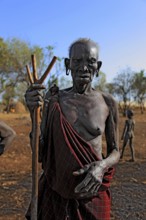 South Ethiopia, in the Maco National Park, in the village of the Mursi, old Mursi woman, with naked