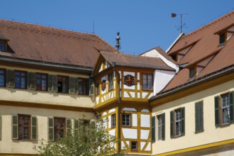 Half-timbered building, clock, window, clock face, hands, time, bell, Hohentübingen Castle, Museum