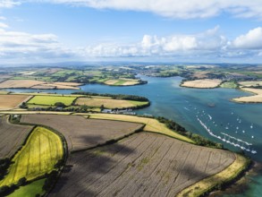 Salcombe and Mill Bay over Kingsbridge Estuary from a drone, Batson Creek, Southpool Creek, Devon,