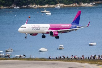 A Wizzair Airbus A321neo aircraft with the registration 9H-WAA at Skiathos Airport, Greece, Europe