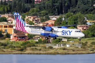 An ATR 72-200 Sky Express aircraft with the registration SX-IPO at Corfu Airport, Greece, Europe