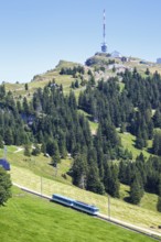 View of Mount Rigi with Rigi railway with Alps mountains in Rigi, Switzerland, Europe