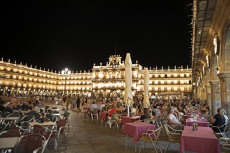 Plaza Mayor at night, behind the town hall, Salamanca, province of Salamanca, Castile and Leon,