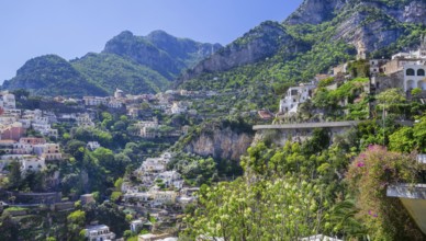 Panorama of the village in a dramatic location on the steep slopes of the coastal mountain range,