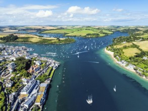 Salcombe and Mill Bay over Kingsbridge Estuary from a drone, Batson Creek, Southpool Creek, Devon,