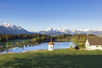 Chapel at Hegratsrieder See near Füssen, Allgäu Alps, farm, snow, Allgäu, Bavaria, Germany, Europe