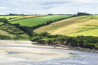 Fields and Farms over Mothecombe Beach, Mothecombe, River Emme and Red Cove, Plymouth, South Devon,