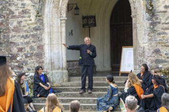 Satish Kumar speaking at graduation event, Schumacher College, Dartington Hall estate, Totnes,