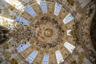 Interior of the baroque church with ceiling paintings, Ettal Monastery, baroque Benedictine abbey,