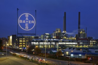 Bayer cross in the blue hour on the premises of Bayer AG, Leverkusen, Bergisches Land, North