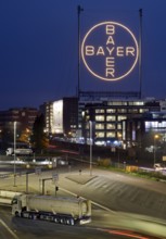 Bayer cross in the blue hour on the premises of Bayer AG, Leverkusen, Bergisches Land, North