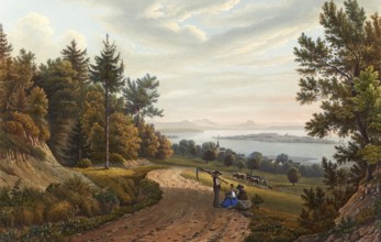 View of the island of Reichenau in Lake Constance, Germany, view around 1830, digitally restored