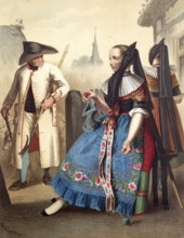 Traditional costumes in Germany around 1820, Brunswick, couple in traditional costumes posing in