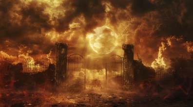 A fiery, dark and ominous scene with a large archway leading into a fiery abyss. Hell gates, AI