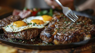 Man eating A plate filled with steak and eggs. generative AI, AI generated