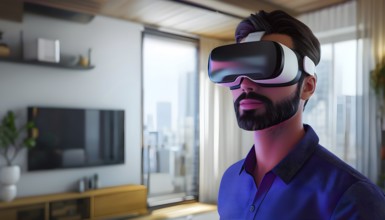 Three dimensional render of a man wearing virtual reality glasses, AI generated