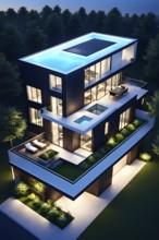 Three dimensional rendering of an illuminated modern ecological real estate residential house, AI