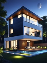 Three dimensional rendering of an illuminated modern ecological real estate residential house, AI