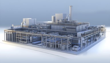 Three dimensional rendering of a model of a modern factory, AI generated