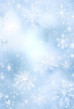 Abstract pattern of snowflakes in varying sizes and shapes in soft white and blue gradients, AI